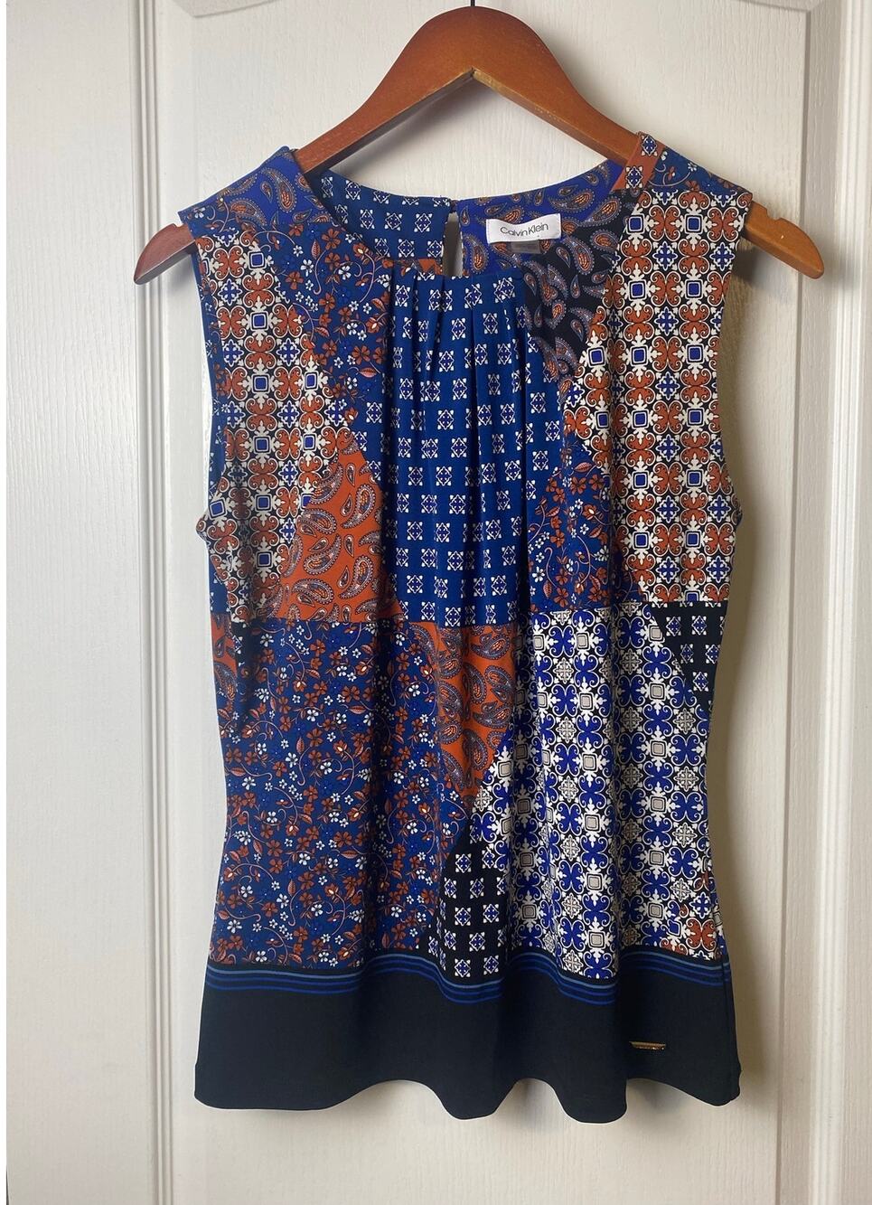 Calvin Klein Boho Blue Brown Patchwork Cottage Cap Sleeve Blouse Women's Medium